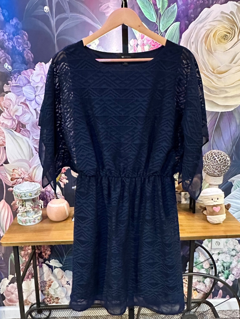 AB Studio M Blouson Dress Geometric Lace Cape Sleeve Y2K Evening Cocktail Navy